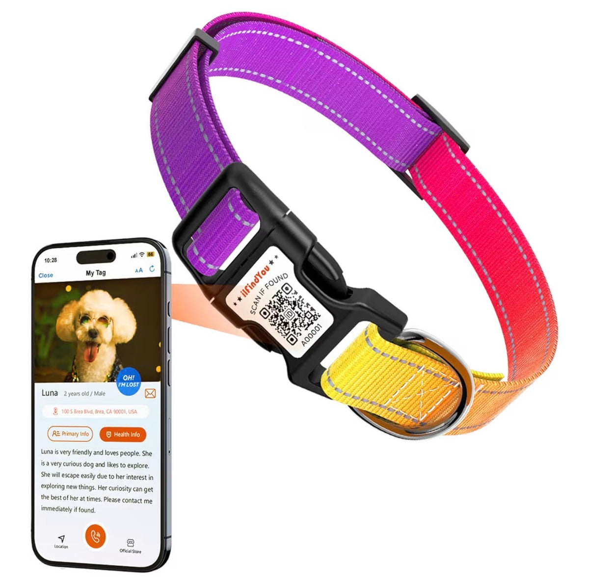 "I'll Find You" Smart ID Safety Collar - (Purple-Yellow)